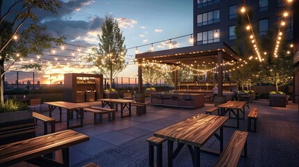Fototapeta premium Modern urban rooftop beer garden with communal tables, string lights, and craft beer on tap.