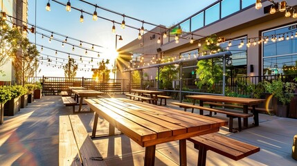Modern urban rooftop beer garden with communal tables, string lights, and craft beer on tap.