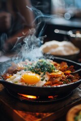Pan-fried eggs and ingredients in a kitchen scene