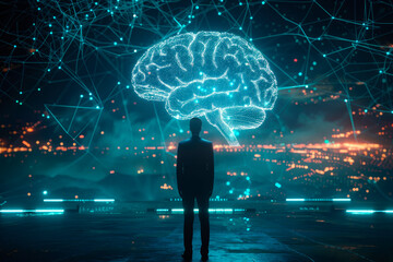 Rear view of a man stands in the data center and looking at a holographic digital brain above his head that suggest artificial intelligence concepts.
