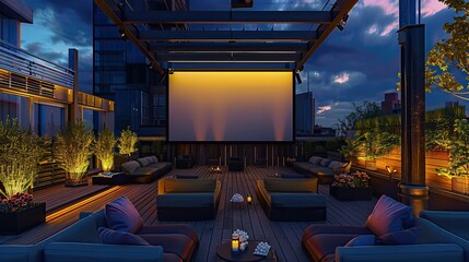 Modern urban rooftop cinema with a large screen, comfortable seating, and popcorn concessions.