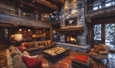 Rustic living room with exposed wooden beams, stone fireplace, warm lighting, eyelevel shot