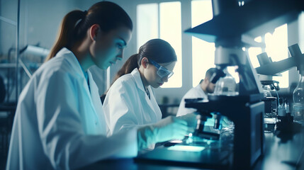 Researchers in a genetics lab examining DNA strands