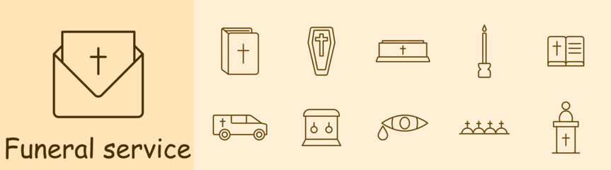 Seth Icon Funeral Home. Bible, cross, religion, Christianity, coffin, funeral, memorial, candle, sermon, hearse, mourners, graves, funeral service, letter, envelope. Burial concept.