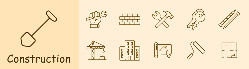 Construction set icon. Shovel, key, hand, wall, brick, hammer, cross, bunch of keys, nail, screw, crane, houses, construction plan, roller, painting, apartment layout. Building concept.