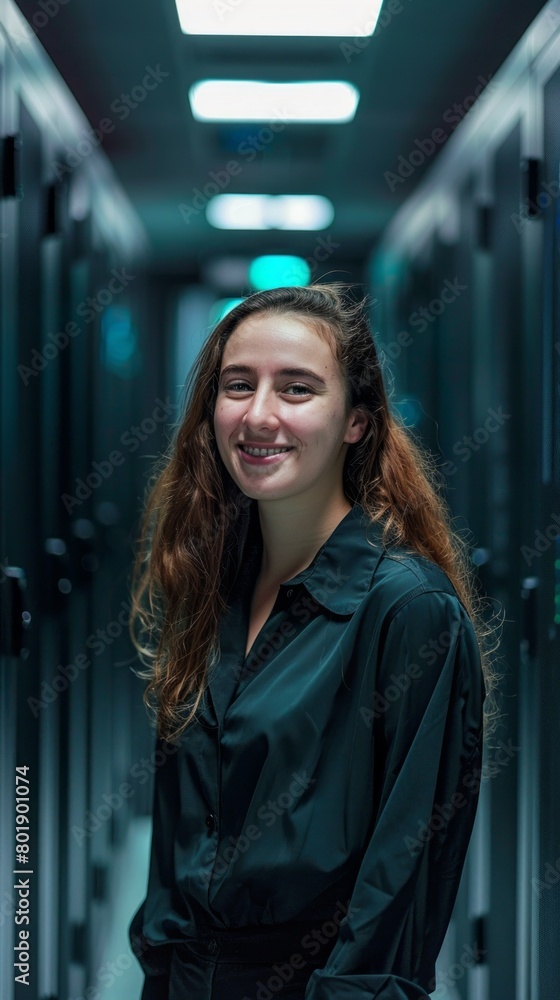 Poster portrait of a smiling woman-technician, engineer, programmer, it specialist, analyst in the server r