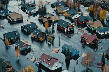 Fototapeta na wymiar An aerial view of a residential area in Florida, USA, partially submerged in floodwaters after a flood.