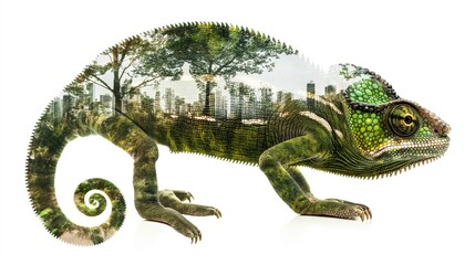 double exposure, white background, Madagascar's forest-dwelling lesser chameleon & urban development