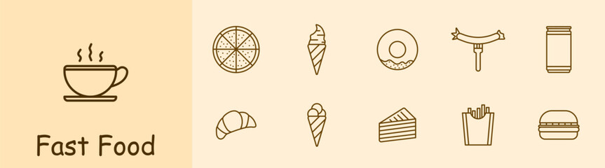 Fast food set icon. Fats, carbohydrates, cup of coffee, pizza, ice cream cone and scooped ice cream, donut, sausage, croissant, cake, fries, burger, unhealthy diet. Junk food concept.