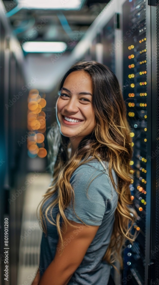 Poster portrait of a smiling woman-technician, programmer, it specialist, analyst in the server room. softw