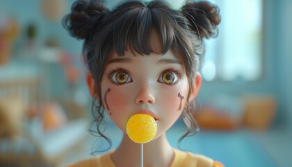 A girl with short hair tied in two buns stood and ate a large, brightly colored lollipop, her cheeks smeared with chocolate stains, yuck, generative ai