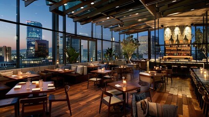 Modern urban rooftop restaurant with panoramic city views, sleek furnishings, and innovative...
