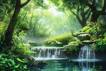 A tranquil nature scene with gentle flowing water and lush greenery for a peaceful background