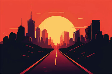 Road to a city illustration background. City Landscape. Road leading to a city in beautiful sunset. 