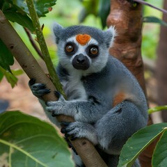 This image depicts a small gray creature, possibly a type of lemur, with large round eyes and an orange swirl on its forehead. The animal is clinging to tree branches surrounded by lush green leaves. 