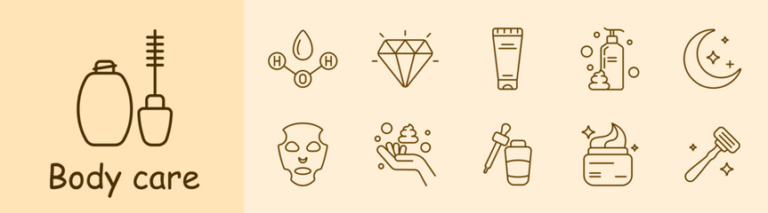 Body care set icon. Face mask, Korean cosmetics, H2O, water, diamond, sparkles, cream, oil, liquid soap, moon, stars, hand, pipette, razor, beauty. Appearance care concept.