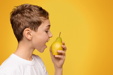 Healthy organic snack. Teen boy biting fresh pear, orange studio background, side view, free space