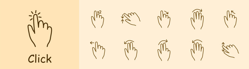 Click set icon. Press, double touch, swipe left and right, hold, 3D touch, hold, hold, swipe with two fingers, smart movement, scroll, move. Abstract gestures concept.