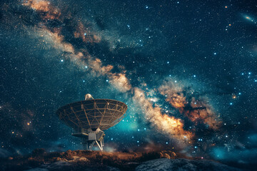 photo in the serene embrace of the Milky Way, Powerful telescope for astronomy searching and big scientific observatory satellite antenna dish, their quest for knowledge illuminate - Powered by Adobe