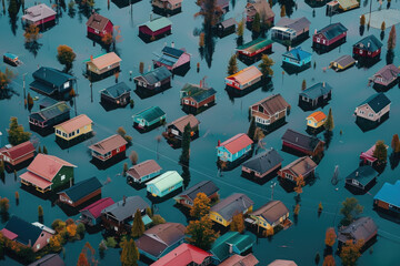 An aerial view of a residential area in Florida, USA, partially submerged in floodwaters after a flood.

