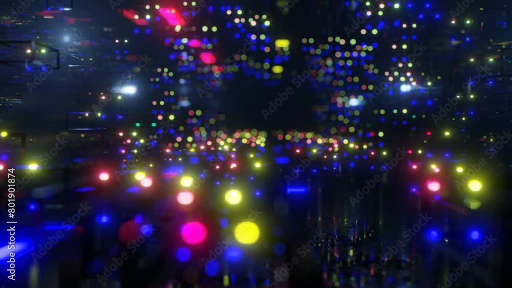 Poster blocks in air. large space. fly through technology cyberspace with multicolored neon glow. sci-fi fl