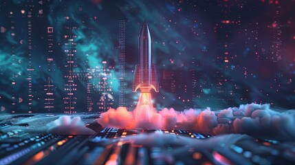 A digital display showing a rocket launch, metaphor for a successful startup.