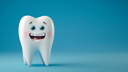 Smiling cartoon tooth character on a vibrant blue background