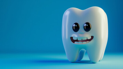 Cheerful cartoon tooth character on vibrant blue background
