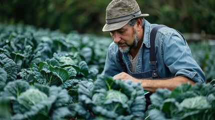A farmer wearing a hat and overalls inspects his bountiful crop of kale.