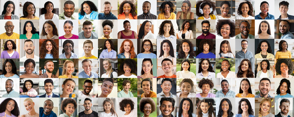 A vibrant display of diversity, this image features a portrait collage of people of different ethnicities, embracing the concept of a diverse society - Powered by Adobe