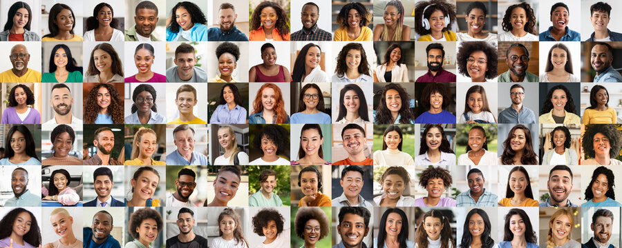 A vibrant display of diversity, this image features a portrait collage of people of different ethnicities, embracing the concept of a diverse society