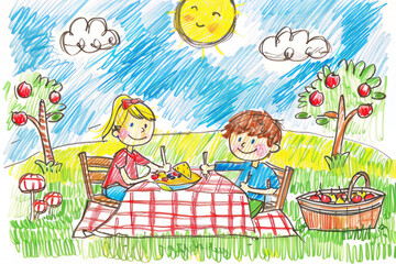 Colorful child's drawing of a sunny picnic in the park