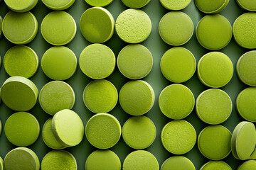 A seamless pattern featuring round green tablets of activated carbon with highlights in the spaces between them, creating a visually appealing and dynamic design. The contrast between the green tablet