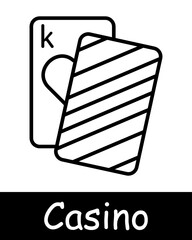Casino set icon. Cards, hearts, suits, king, check, win, bet, card game, reward, chip, money, bet increase, risks, excitement, ardor, passion, black lines on white background. Gambling concept.