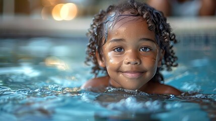A young girl swims in a pool, her face is turned toward the camera and she is smiling.