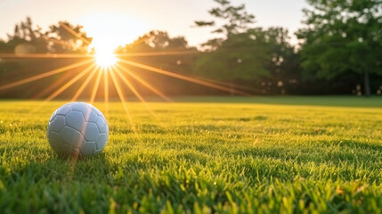 A white soccer ball is sitting on a green field. The sun is shining brightly, casting a warm glow over the scene. Concept of relaxation and leisure, as the ball