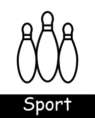 Sports set icon. Bowling, skittles, bowling ball, hobby, healthy lifestyle, entertainment, competition, muscles, hobby, black lines on white background. Healthy lifestyle concept.