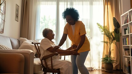 Caregiver assist senior woman at home 