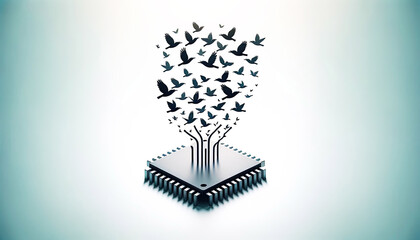 A artwork depicts a microchip and a flock of birds. Concept of ideas, information, or data being released into the world, freedom of thought, innovation, or the dissemination of knowledge.