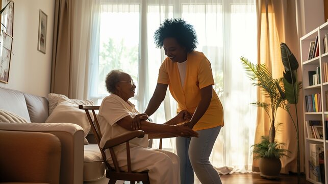 Caregiver assist senior woman at home  - Powered by Adobe