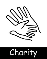 Charity set icon. Helping those in need, palms, hands, maintenance, sustenance, cooperation, aid, humanitarian aid, financial support, black lines on white background. Helping concept.