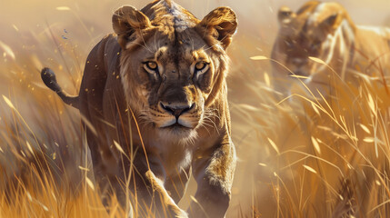 Regal Leadership: A Majestic Lioness Leading Her Pride Across the African Savanna - obrazy, fototapety, plakaty