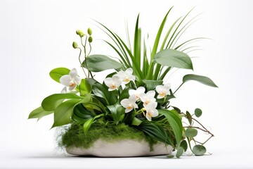 Zen-like arrangement of tropical greenery on a pristine white background, suitable for health and wellness themes,