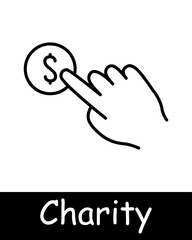 Charity set icon. Helping those in need, hand, palm, money, maintenance, sustenance, humanitarian aid, financial support, black lines on white background. Helping concept.