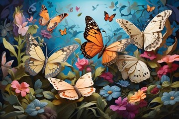 A whimsical and fantastical world, where butterflies of all shapes and sizes dance and play in a lush and detailed background, creating a truly magical and one-of-a-kind image.