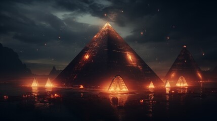 a giant pyramid floating with fire runes, several ships, alien invasion, dark sky.