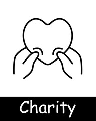 Charity set icon. Helping those in need, heart, palms, hands, maintenance, sustenance, cooperation, aid, humanitarian aid, financial support, black lines on white background. Helping concept.