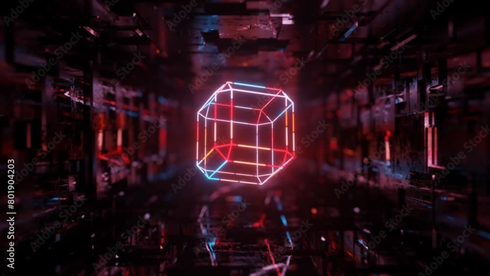 Poster 3d object or structure rotates and moves inside glass mirror tunnel with neon light, bright reflecti