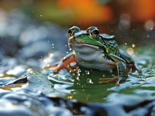 A green frog sits on a lily pad in a pond. AI.
