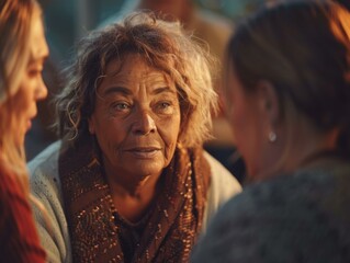 Fototapeta premium Close-up portrait of an old woman looking at the camera with a warm smile on her face. AI.